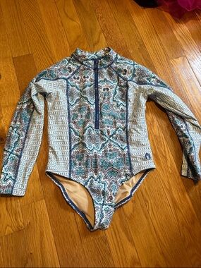 Cabana Life Girls Teal and Cream Long Sleeve One-Piece Rash Guard